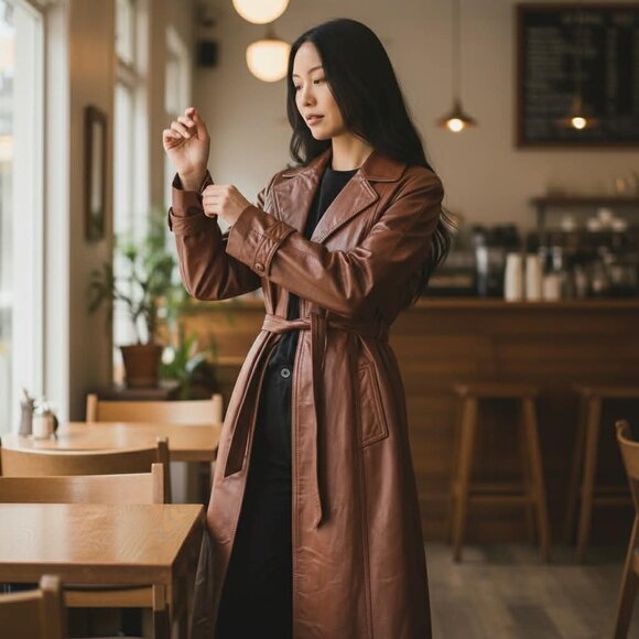 Wilsons Leather Jackets & Blazers - Vintage 70s Wilsons Leather Trench Coat Cognac Brown Belted Size 14